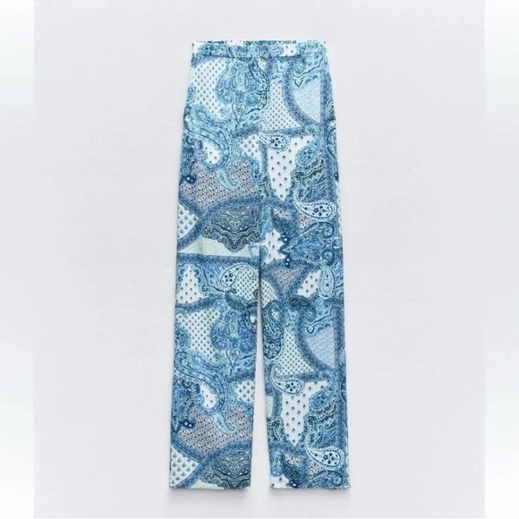 ZARA PAISLEY PRINT BLUE WHITE WIDE LEG PANTS - Picture 8 of 8